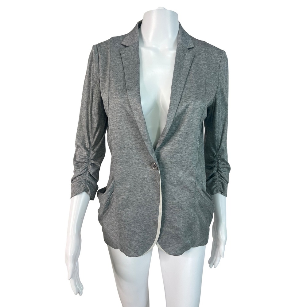 Indivi Womens Grey Ruched Sleeve Single Button Knit Blazer Jacket Size 38 / 6
